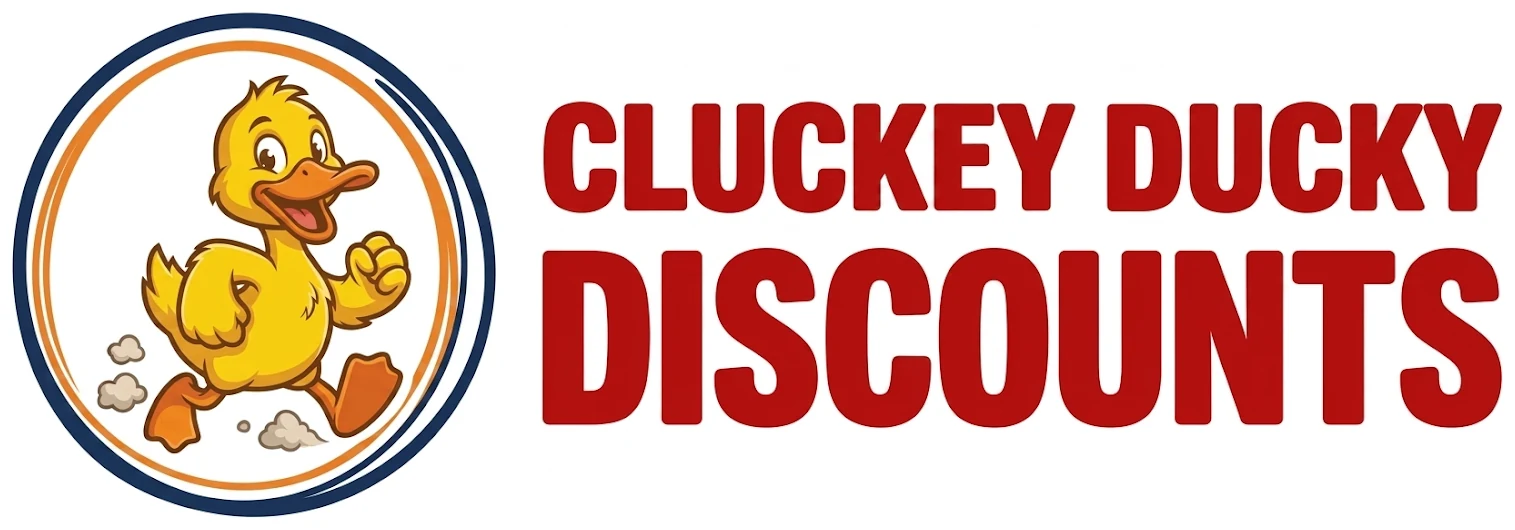 Cluckey Ducky Discounts logo with yellow duck mascot